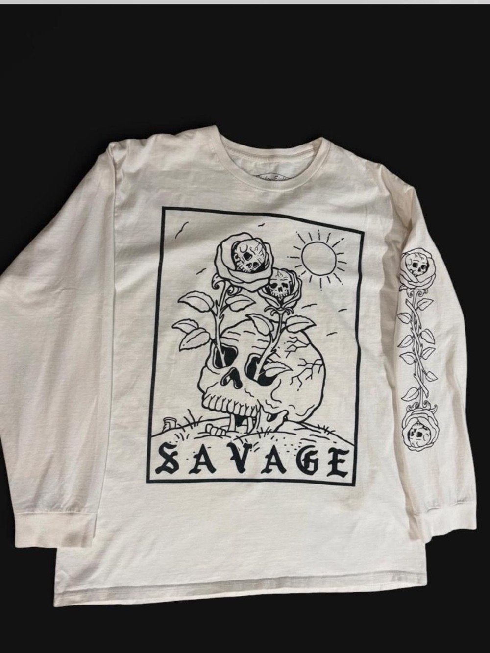 Eighty Eight White Long-Sleeve 'Savage' Skull & Rose Graphic Tee